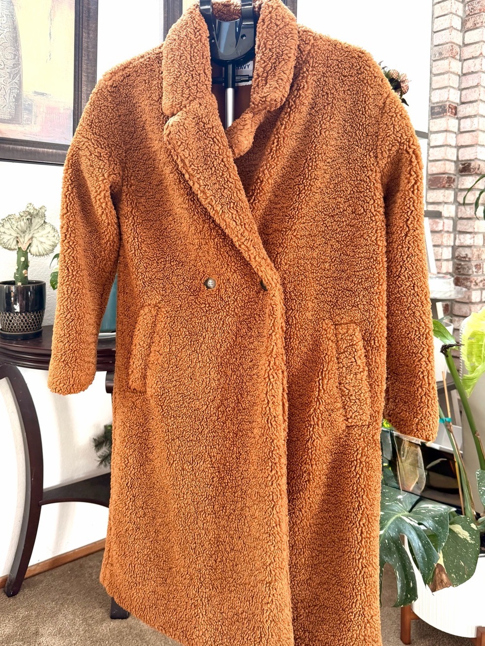 Old Navy Long Double-Breasted Sherpa Coat Brown Medium